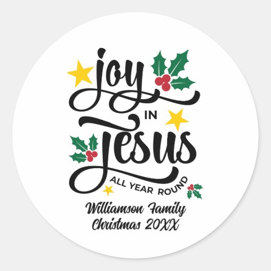 Joy in Jesus Christian Christmas Family Name  Ronde Sticker (Voorkant)