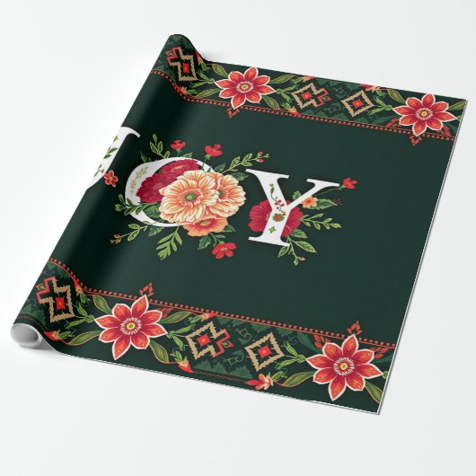 JOY kerst bloemenrand Cadeaupapier (Uitgerold)
