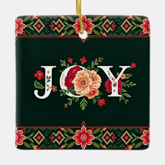 JOY kerst bloemenrand Keramisch Ornament (Voorkant)