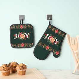 JOY kerst bloemenrand Ovenwant & Pannenlap Set