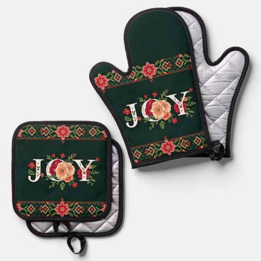 JOY kerst bloemenrand Ovenwant & Pannenlap Set (Voorkant / Achterkant)