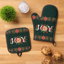 JOY kerst bloemenrand Ovenwant & Pannenlap Set