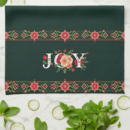JOY kerst bloemenrand Theedoek (Gevouwen)