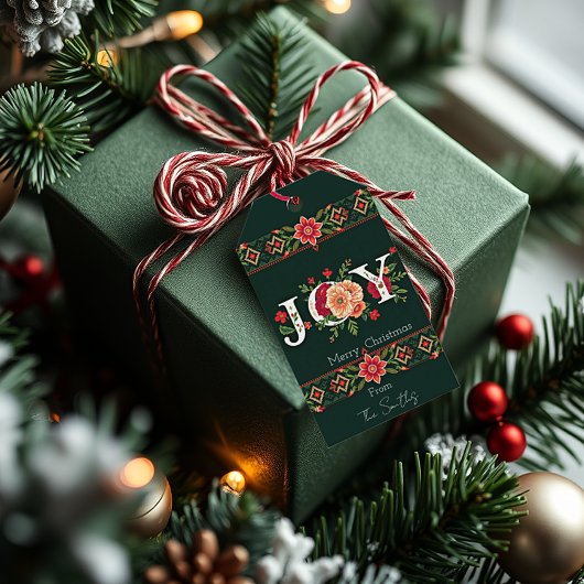 JOY kerst bloemrijke rand gepersonaliseerd Cadeaulabel