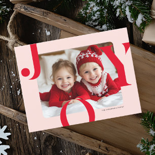 JOY Kerst Foto Modern Rood & Roze Familie Briefkaart