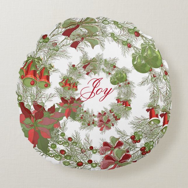 Joy Kerst Krans Ronde Sierkussen Rond Kussen (Voorkant)