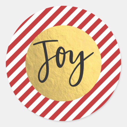 JOY kerstfeestay Red White Stripes Gold Foil Ronde Sticker (Voorkant)