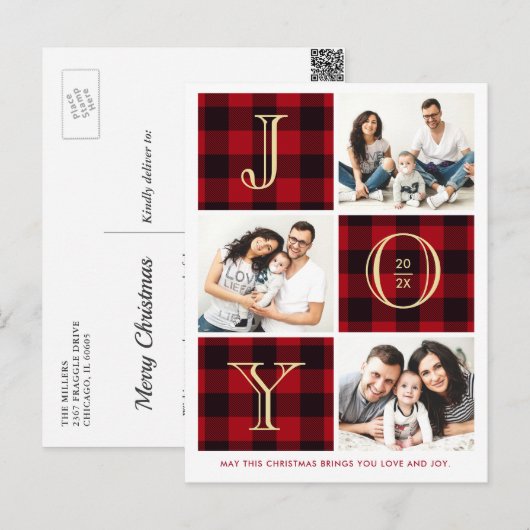 JOY | kerstfeestdag met rode Pset-foto's Briefkaart (Voorkant / Achterkant)