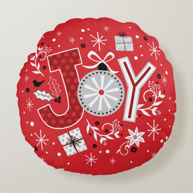 Joy kerstFeestdagen Red Festive Winter Rond Kussen (Voorkant)