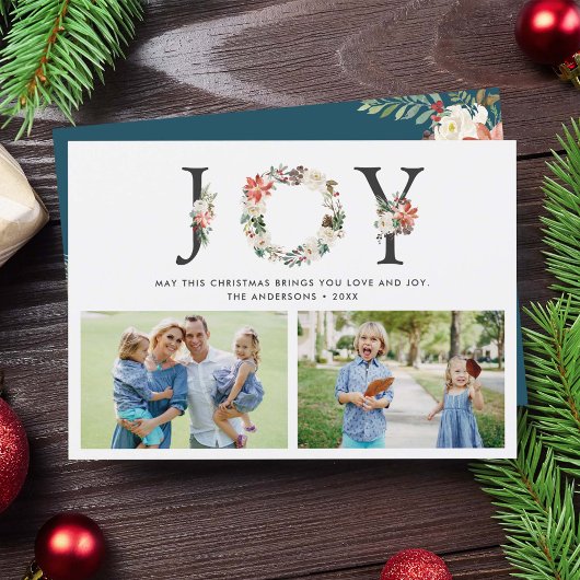 JOY kerstFloral met twee foto's collage Feestdagenkaart