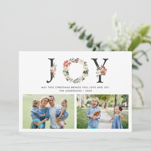 JOY kerstFloral met twee foto's collage Feestdagenkaart (Staand voorkant)