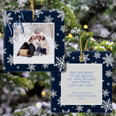 Joy! Kerstfoto van Navy Blue en White Snowflakes Keramisch Ornament