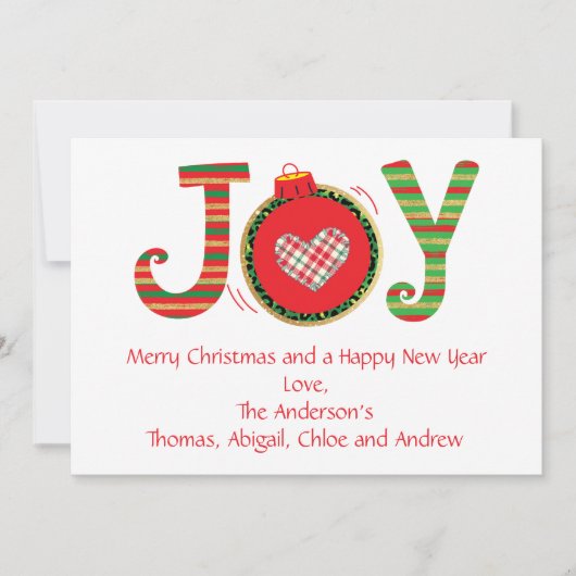 Joy-kerstkaart, Red Green Gold Personalize (Voorkant)
