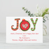 Joy-kerstkaart, Red Green Gold Personalize (Staand voorkant)