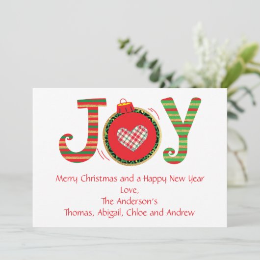 Joy-kerstkaart, Red Green Gold Personalize (Staand voorkant)