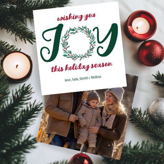 JOY Kerstkrans Hand-getrokken AANGEPASTE FOTO Feestdagenkaart