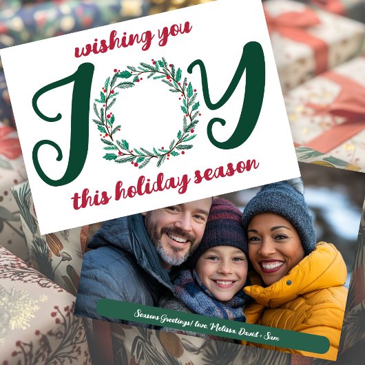 JOY Kerstkrans Hand-getrokken AANGEPASTE FOTO Feestdagenkaart