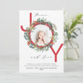 JOY Kerstkrans Rode Baby Foto Feestdagenkaart (Staand voorkant)