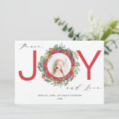 JOY Kerstkrans Rode Baby Foto Feestdagenkaart (Staand voorkant)