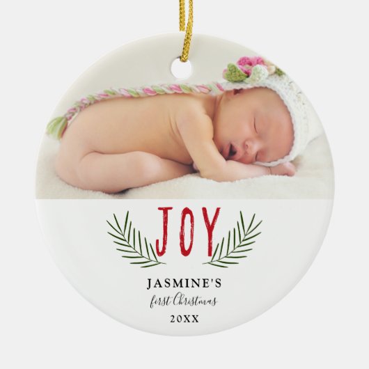 Joy Kerstmis baby's eerste kerstfoto Elegant Keramisch Ornament (Voorkant)