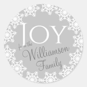 JOY Kerstmis Familie Zilver Grijs Wit Sneeuwvlok Ronde Sticker