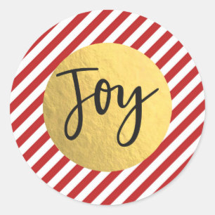 JOY Kerstvakantie Rood Witte Strepen Goud Folie Ronde Sticker