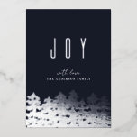 Joy. Kerstzilveren boom. moderne marinesnoterijen Folie Feestdagenkaart<br><div class="desc">"Joy" marine en zilveren kerstfeestkaart.</div>