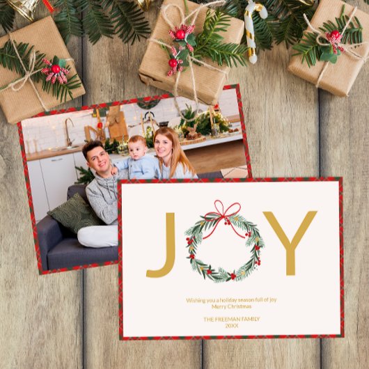 JOY Krans Foto Kerst Kaart met Plaid Trim