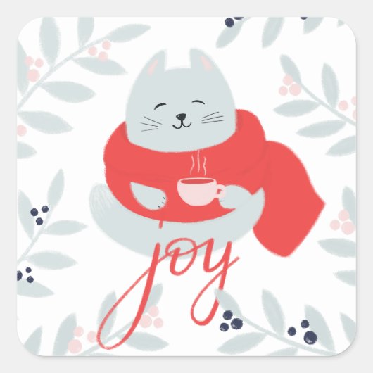 Joy. Kute kerstkat. Wintervakantiedier Vierkante Sticker (Voorkant)