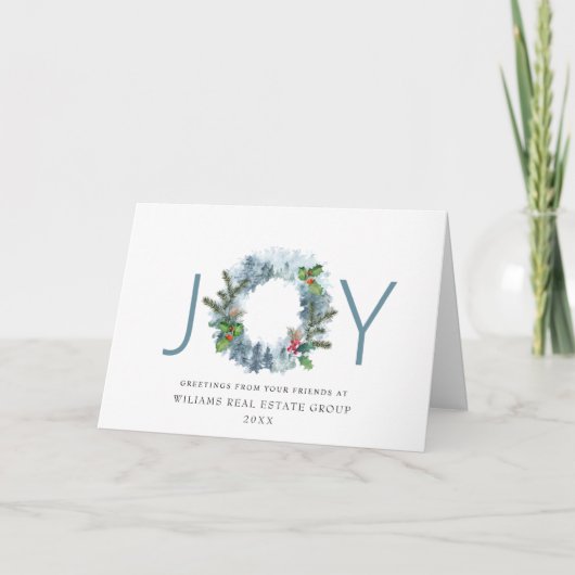 JOY Landscape Wreath Kerstmis Holly Berry Feestdagen Kaart (Voorkant)