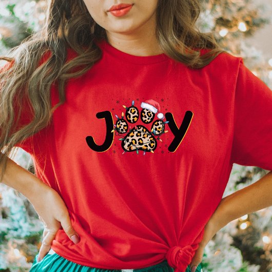 Joy Leopard Print Paw Christmas T-shirt voor dames