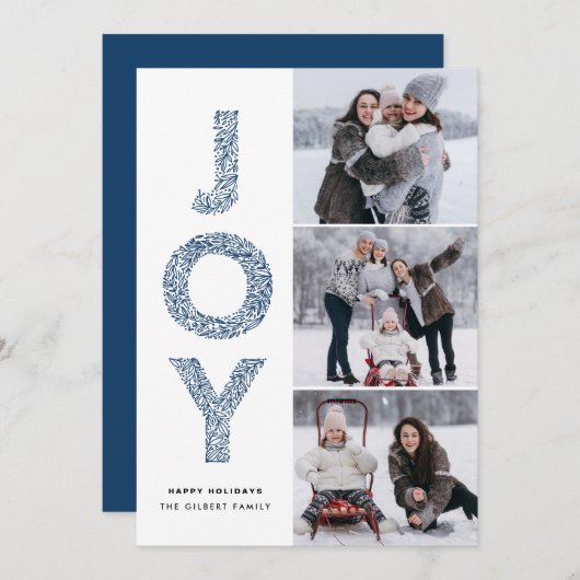JOY Lettering Blue Kerstfoto Collage Feestdagenkaart (Voorkant / Achterkant)