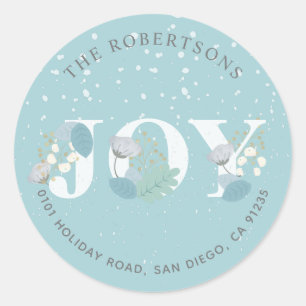 JOY Lichtblauwe Bloemen Sneeuwval Adres Sticker