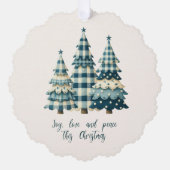 Joy, Love and Peace Blauwe geruite kerstbomen Ornament Kaart (Voorkant)