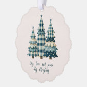 Joy, Love and Peace Blauwe geruite kerstbomen Ornament Kaart (Links)