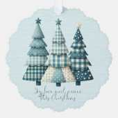 Joy, Love and Peace Blauwe geruite kerstbomen Ornament Kaart (Voorkant)