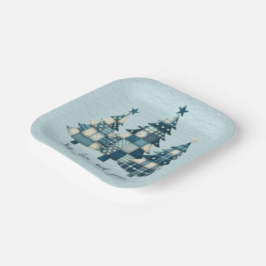 Joy, Love and Peace Blauwe geruite kerstbomen Papieren Bordje (Gebogen)