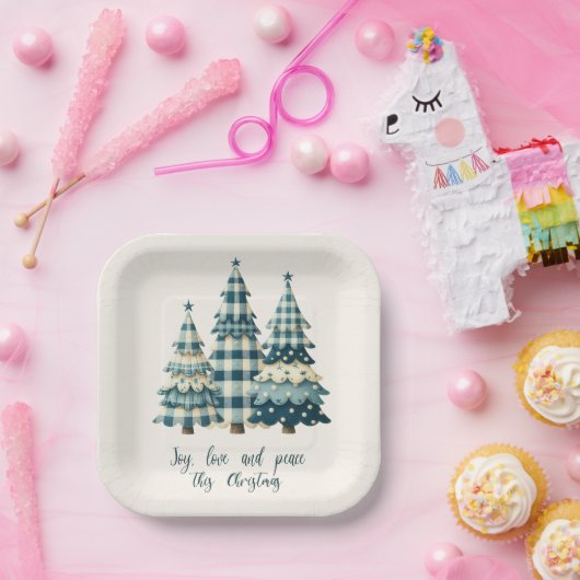 Joy, Love and Peace Blauwe geruite kerstbomen Papieren Bordje (Feest)