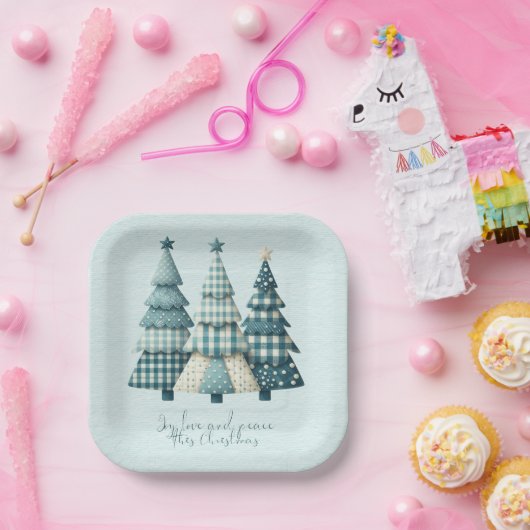 Joy, Love and Peace Blauwe geruite kerstbomen Papieren Bordje (Feest)