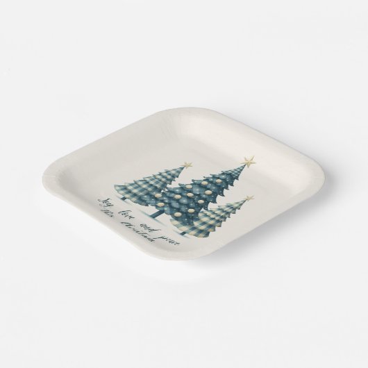 Joy, Love and Peace Blauwe geruite kerstbomen Papieren Bordje (Gebogen)