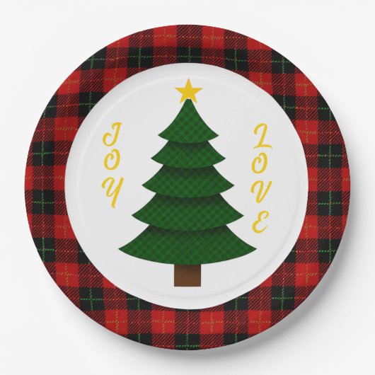 Joy-Love-Custom Plaid Christmas Tree Papieren Bordje (Voorkant)