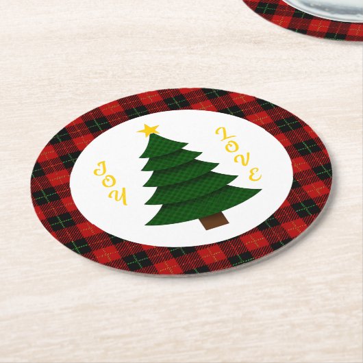 Joy-Love-Custom Plaid Christmas Tree Ronde Kartonnen Onderzetter (Gebogen)