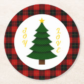 Joy-Love-Custom Plaid Christmas Tree Ronde Kartonnen Onderzetter (Voorkant)