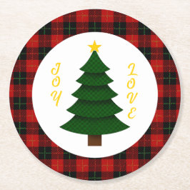 Joy-Love-Custom Schotse Kerstboom Ronde Kartonnen Onderzetter