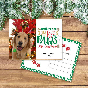 Joy Love Paws Dog Christmas Red Green Foto Briefkaart