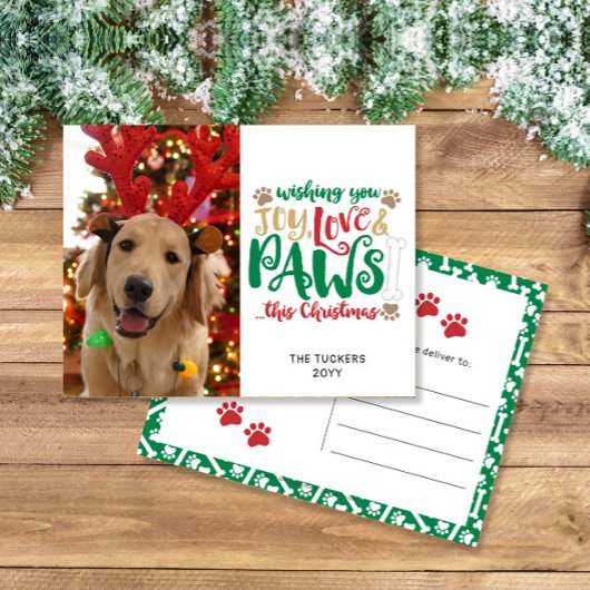 Joy Love Paws Dog Christmas Red Green Foto Briefkaart
