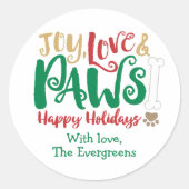 Joy Love PAWS Dog Happy Holidays Ronde Sticker (Voorkant)