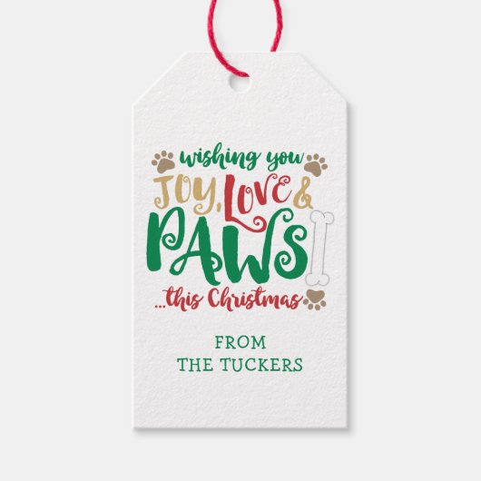 Joy Love PAWS Dog Kerstmis Cadeaulabel (Voorkant)
