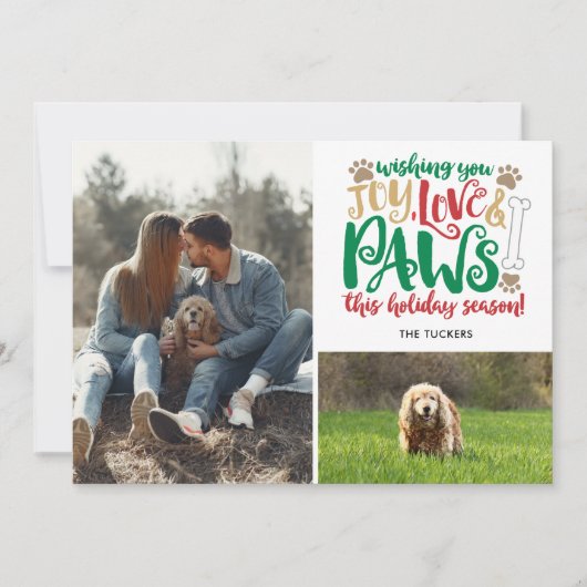 Joy Love Paws Dog Prettige feestdagen Red Green 2- Feestdagenkaart (Voorkant)
