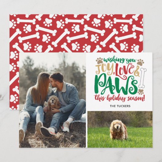 Joy Love Paws Dog Prettige feestdagen Red Green 2- Feestdagenkaart (Voorkant / Achterkant)